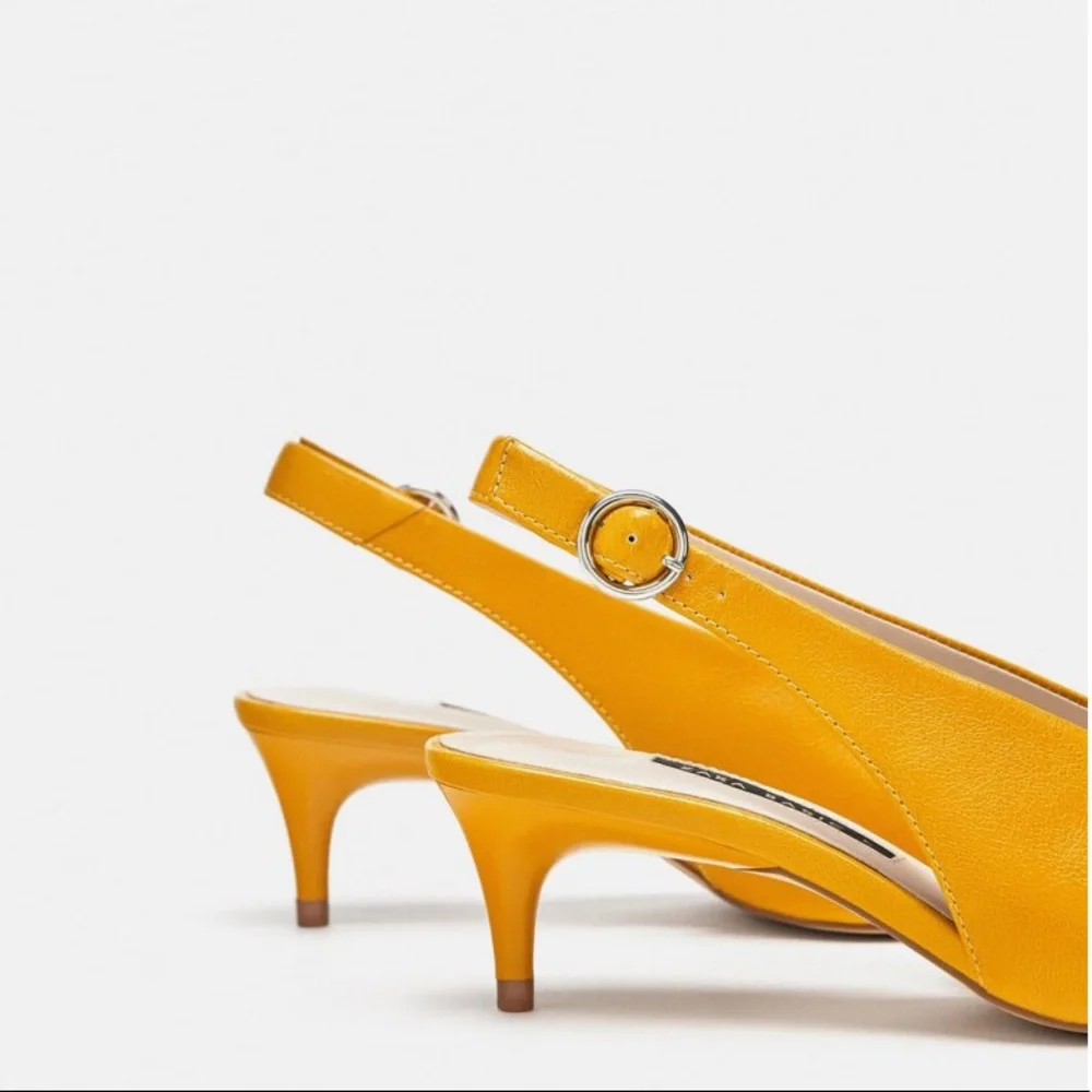 LAST NWT ZARA 100%COW LEATHER SLINGBACK KITTEN HEEL POINTED SHOES - Picture 9 of 14